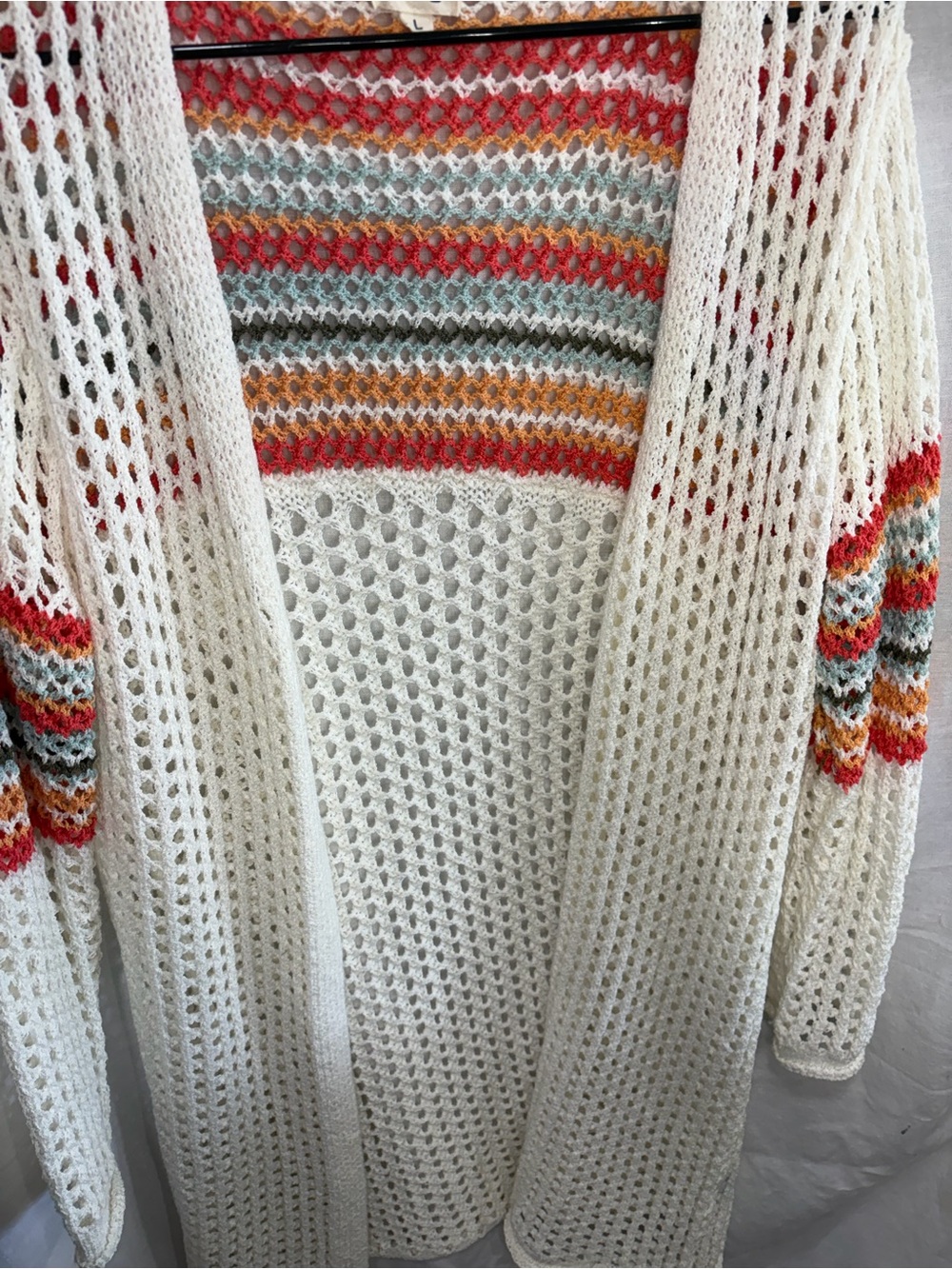 Women's Cream Open-Knit Cardigan with Multicolor Stripe Detail